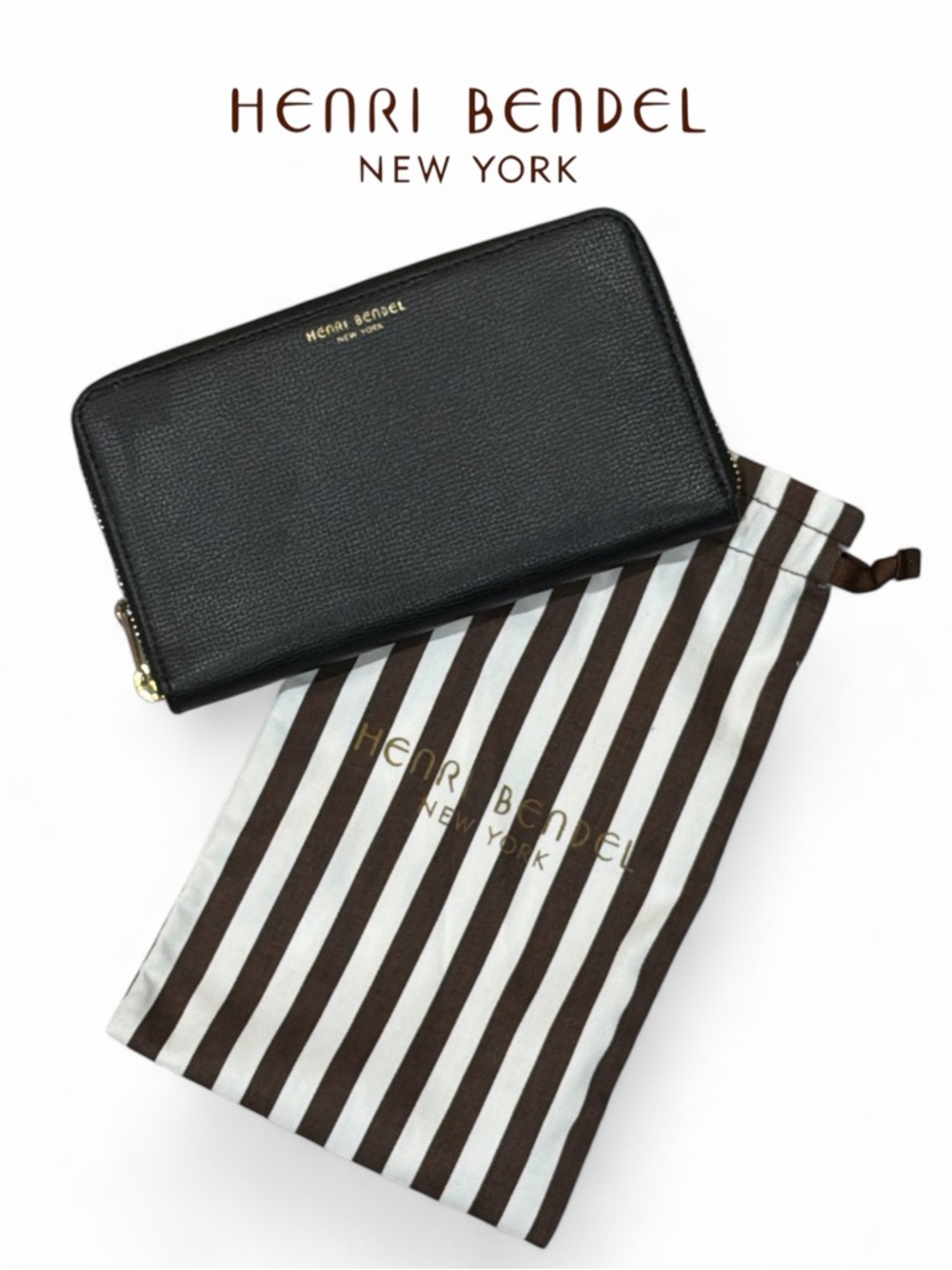 Henri Bendel Black Leather Zip Continental Wallet with Striped Dust Bag